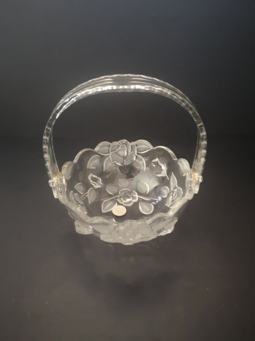 VTG Waltherglas Clear/Frosted Glass Floral Design Serving Bowl w/ Handle Germany